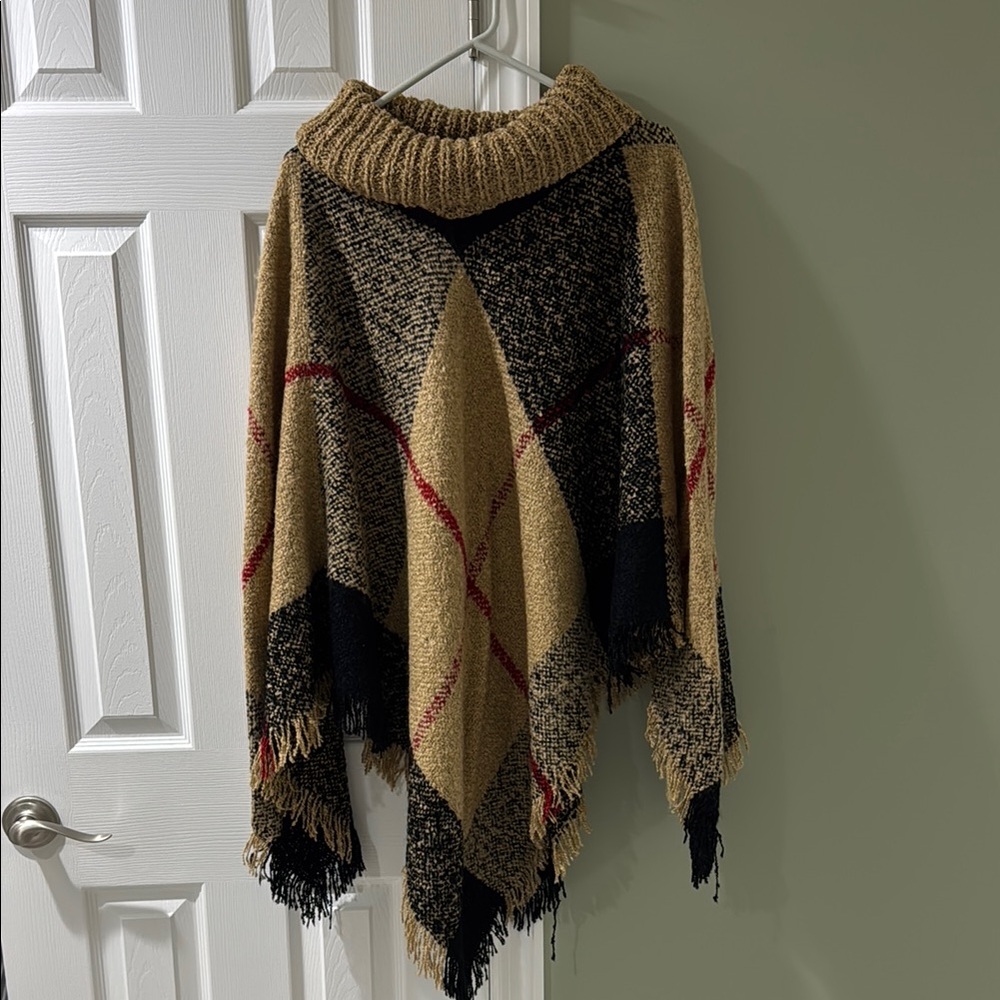 Stylish Tan and Black Women's Sweater Poncho